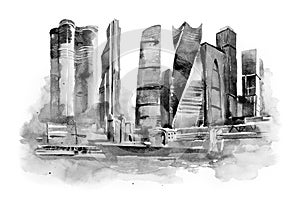 Watercolor drawing of Moscow city. International Business Center aquarelle painting