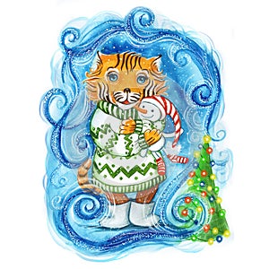 Watercolor drawing of a New Year`s Christmas tiger in a green sweater and with a toy, a snowman in hand, next to the tree with a g