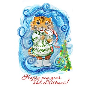 Watercolor drawing of a New Year`s Christmas tiger in a green sweater and with a toy, a snowman in hand, next to the tree with a g