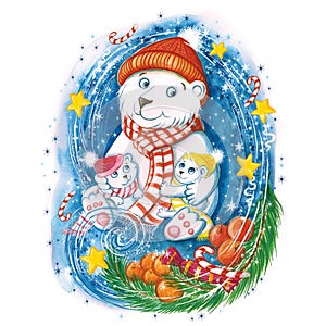 Watercolor drawing of a New Year`s polar bear with children, in warm colorful hats, with a Christmas tree, oranges and sweets, sno