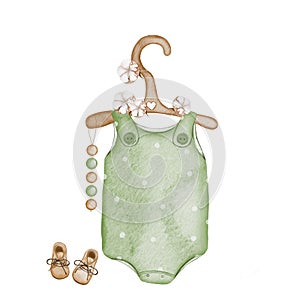 Watercolor drawing of a newborn baby's bodysuit and small shoes, cotton flowers. Template for baby shower and birth