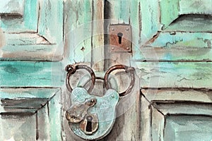 Watercolor drawing old wooden door, rusty lock