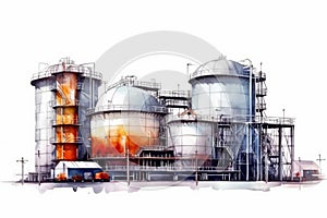 Watercolor drawing paint of industry zone, refinery power plant energy station for stored, petrochemical industrial, factory food