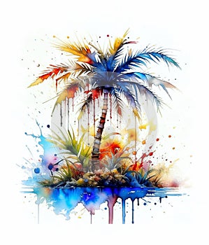 Watercolor drawing of a palm tree on a rocky tropical island. Isolated on white background. (Additional PNG format)