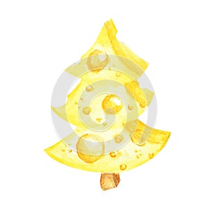 Watercolor drawing piece of triangular yellow cheese. Mouse favorite food. Cheese Christmas tree. Illustration on white