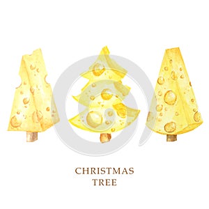 Watercolor drawing piece of triangular yellow cheese. Mouse favorite food. Cheese Christmas tree. Illustration on white
