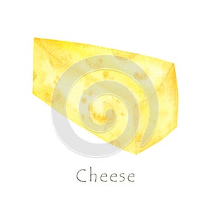 Watercolor drawing piece of triangular yellow cheese. Mouse favorite food. Illustration on white background