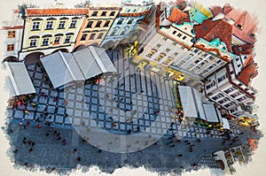 Watercolor drawing of Prague Old Town Stare Mesto historical centre