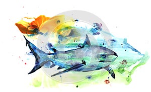 Watercolor drawing of a predatory shark against the background of water and algae. For use in design