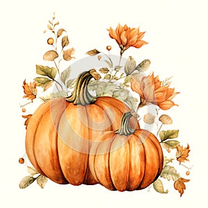 Watercolor drawing of pumpkins with leaves and flowers on a white background