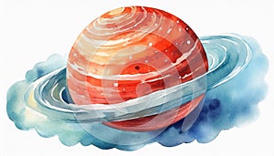 Watercolor drawing of red planet isolated on white background. Galaxy and universe concept