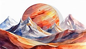 Watercolor drawing of red planet isolated on white background. Galaxy and universe concept