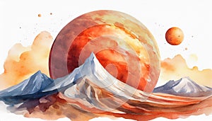 Watercolor drawing of red planet isolated on white background. Galaxy and universe concept