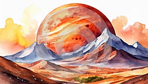 Watercolor drawing of red planet isolated on white background. Galaxy and universe concept