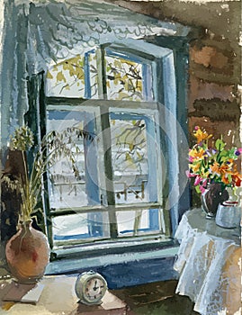 Watercolor drawing of  retro interior of country house with bouquets of flowers on table, alarm clock and winter landscape outside