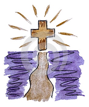 Watercolor drawing Road to Faith in purple and gold colors. Illustration of a glowing christian cross at the end of the path,