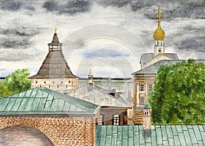 Watercolor drawing roofs of Rostov Velikiy