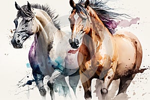 Watercolor drawing of a running horses created by generative AI