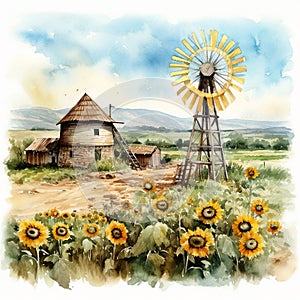 Watercolor drawing of a rural landscape, a windmill and a barn against a background of sunflowers