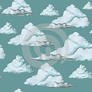 Watercolor drawing, seamless pattern, blue clouds on a dark background, large pattern