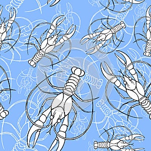 Watercolor drawing of a seamless pattern on a marine theme, cancer, lobster, river crayfish, with blue stripes, waves, sea, stripe