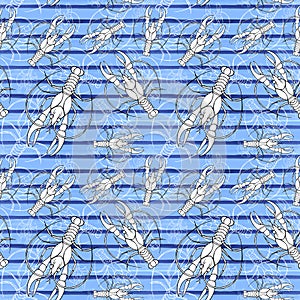 Watercolor drawing of a seamless pattern on a marine theme, cancer, lobster, river crayfish, with blue stripes, waves, sea, stripe