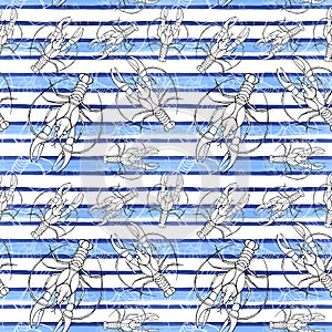 Watercolor drawing of a seamless pattern on a marine theme, cancer, lobster, river crayfish, with blue stripes, waves, sea, stripe