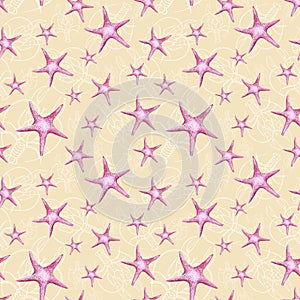 Watercolor drawing of a seamless pattern on a marine theme and on a zodiac sign, cancer, lobster, river cancer, starfish, detailed