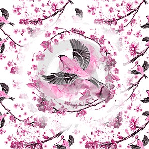 watercolor drawing seamless pattern on the theme of spring, heat, illustration of a bird of a sparrow-like fleet of Orioles flyin