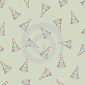 Watercolor drawing. Seamless pyramid pattern. Children's party, toys, baby shower, birthday. Illustration for fabric