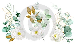 Watercolor drawing. A set of bouquets of white flowers and eucalyptus leaves with glitter golden shiny elements. clipart decoratio