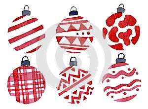 Watercolor drawing set with Christmas tree toys, balls. balls of red color with a simple ornament. abstract holiday decorations ne