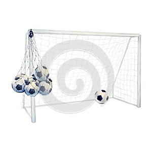 Watercolor drawing set of football or soccer goal frame with net, ball at the ground and several balls in mesh bag