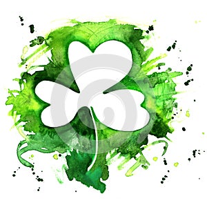 A watercolor drawing of a shamrock, an Irish clover, with a grunge texture and copy space
