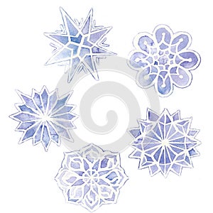 watercolor drawing of snowflakes, set of 6 snowflakes, purple on a white