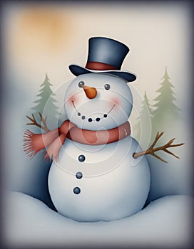 watercolor drawing of snowman for christmas card.