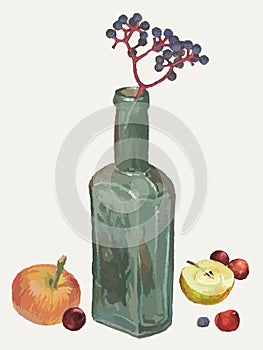 Watercolor drawing of still-life with chokeberry twig in green glass bottle, ripe apples and cherry berries