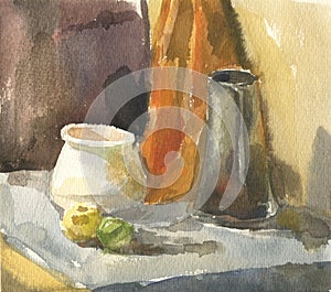 Watercolor drawing of still life from pot,bowl, and apples on grey table with orange drapery