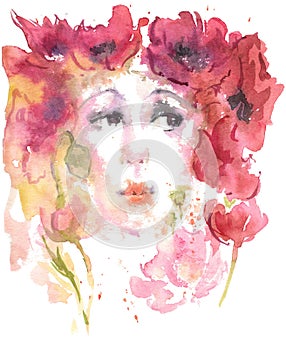 Watercolor drawing summer girl of poppies