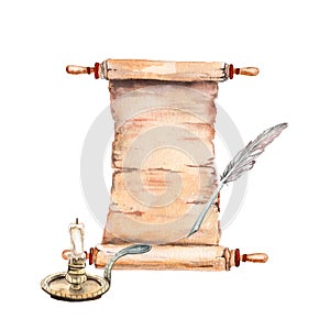 Watercolor drawing on the theme of the manuscript - an ancient letter, pen, candle in a candlestick