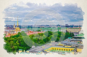 Watercolor drawing of Top aerial panoramic view of Saint Petersburg