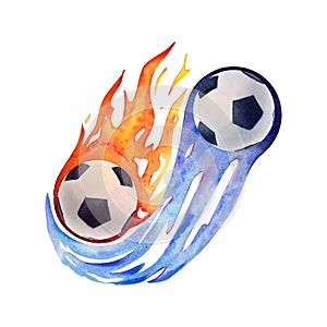 Watercolor drawing of two flying football balls black and white with orange and blue comet flames. Scillfully painted