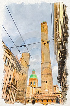 Watercolor drawing of Two medieval towers of Bologna Le Due Torri