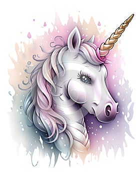 watercolor drawing of a unicorn head in purple tones