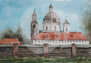 Watercolor drawing with a view of the monastery