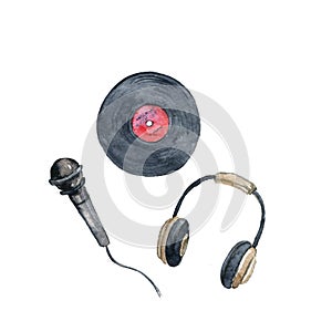 Watercolor drawing vinyl record, microphone and headphones