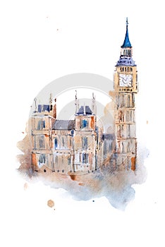 Watercolor drawing Westminster Palace in London. Aquarelle painting Houses of Parliament, Big Ben