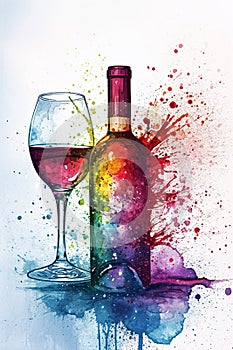 Watercolor drawing of a wine bottle and glass. Selective focus.