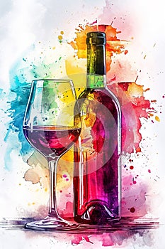 Watercolor drawing of a wine bottle and glass. Selective focus.