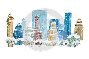 Watercolor drawing winter cityscape city in snow aquarelle painting